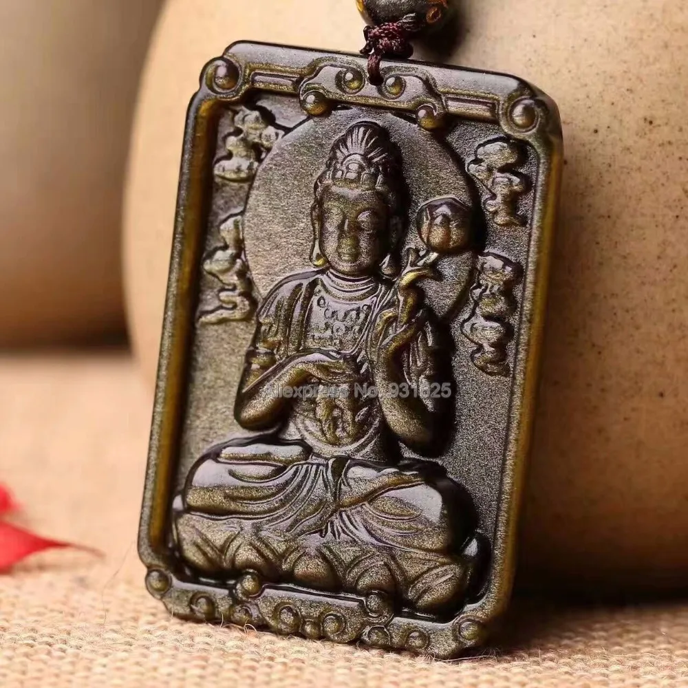 Натуральное золото Обсидиан Резной китайский восьми покровитель Будда Кван Инь