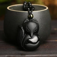 natural obsidian pendant hand carved fox with chain lucky amulet pendant necklace female male brave fashioncrystal jewelry lover