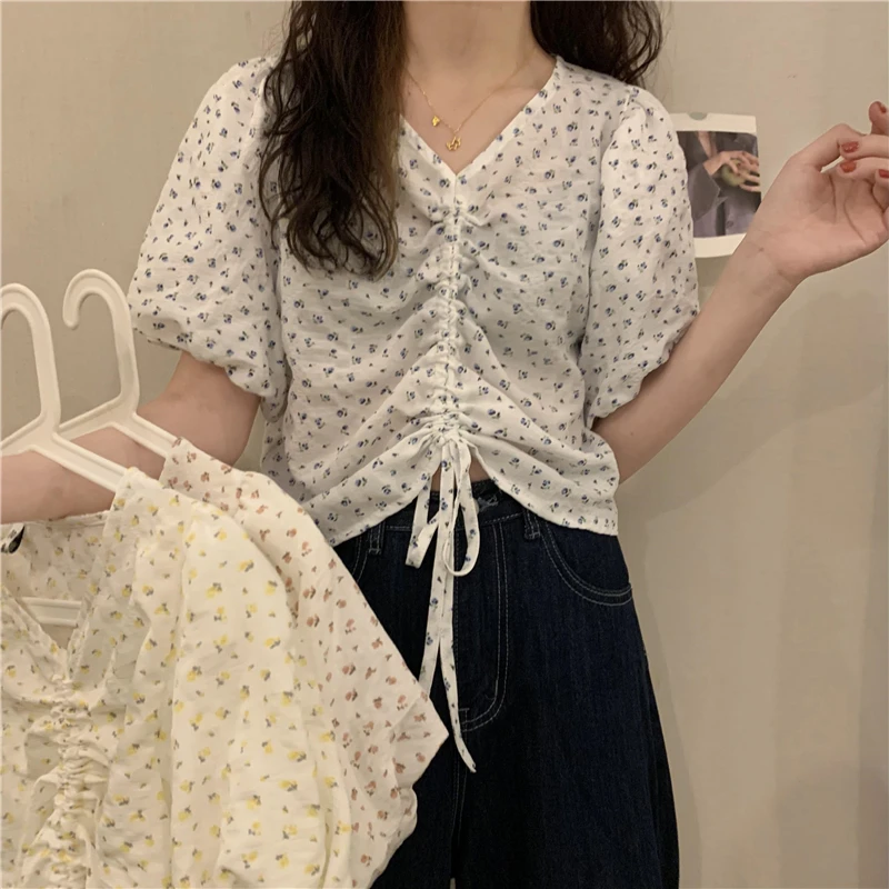 

Sanmuzi Fast Fashion Women's Wear ~ 2021new Korean Style Floral Elegant V-neck Drawstring Short Sleeve Shirt for Women