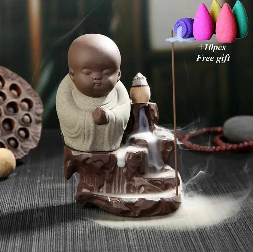 Grey-10pcs Mixed Маленький Монах Будда дым обратного потока ладан горелка водопад ладан держатель домашний офис Чайный дом Декор - Цвет: Grey-10pcs Mixed