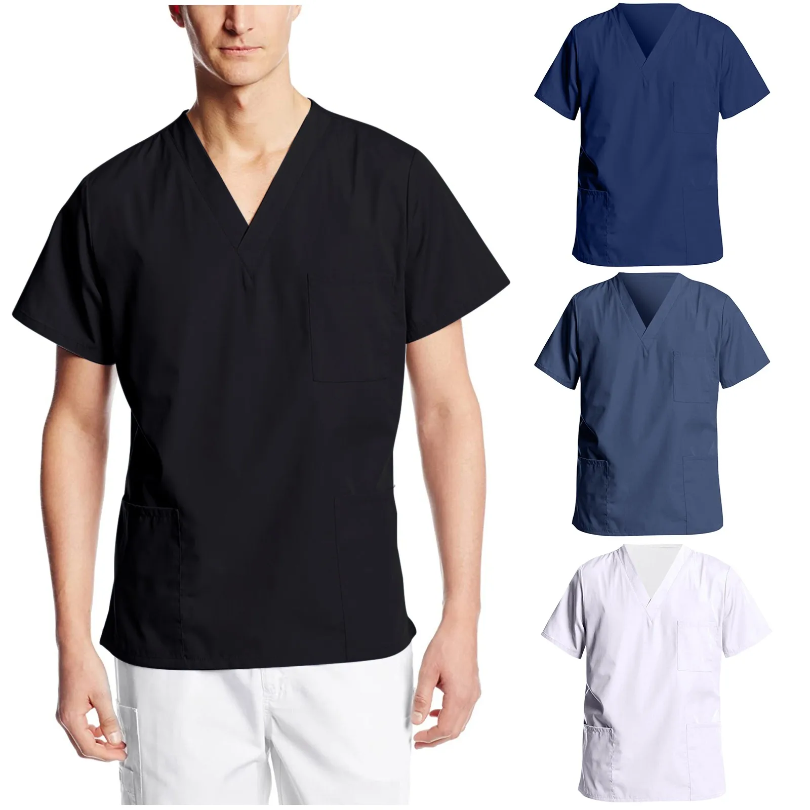 

Summer Sexy Medical Uniforms 2021 Men Short Sleeve V-neck Tops Nursing Working Uniform T-shirts With Pockets uniform medyczny