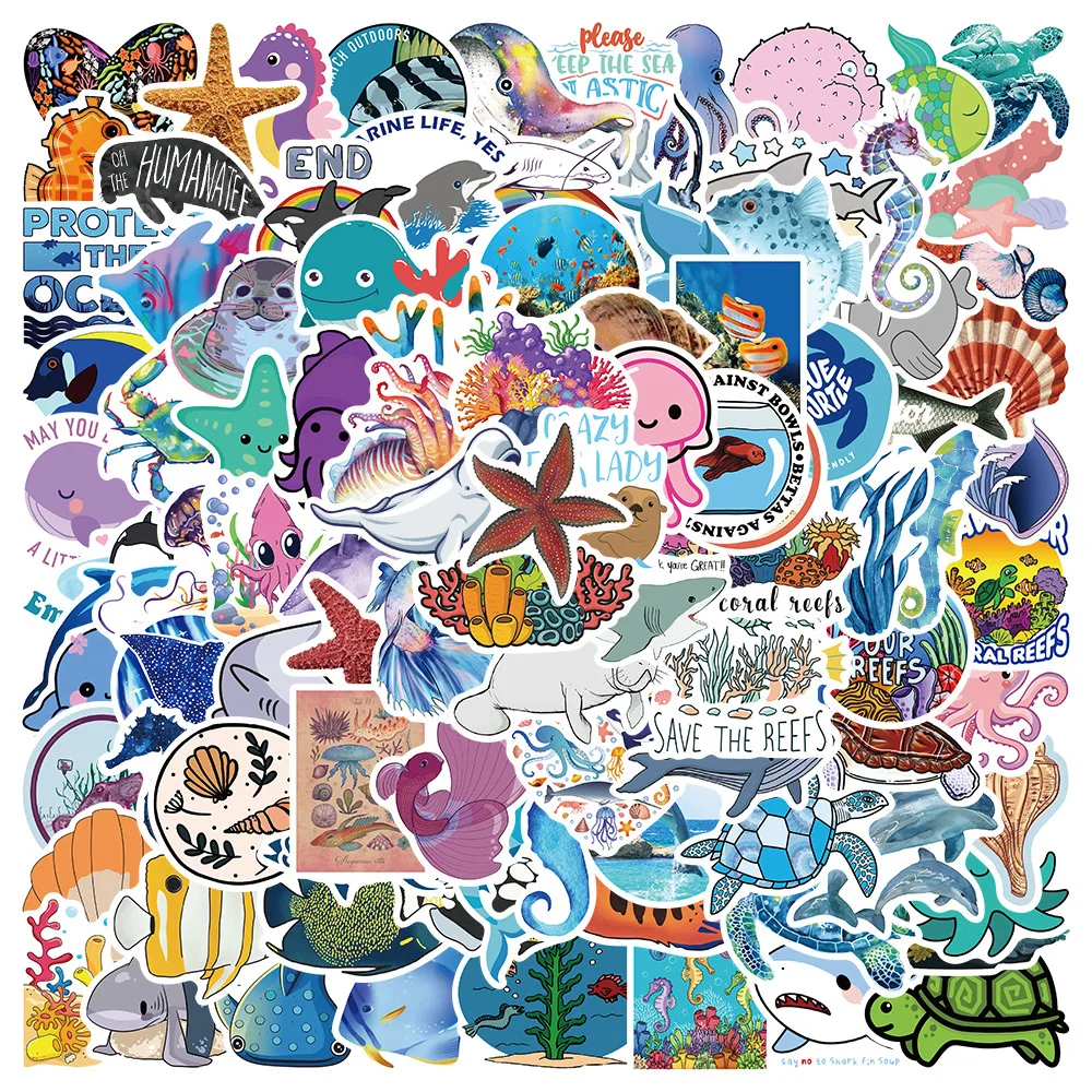 

10/50/100pcs Mix Cute Sea Fishes Animal Stickers Ocean World Shark Jellyfish Cartoon Waterproof Sticker Kid DIY Scrapbook Decals
