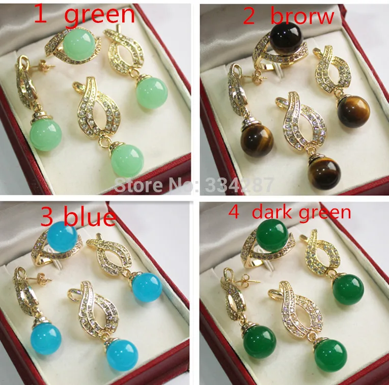 

New Style Wholesale Jade stone yellow 12MM Earring Pendant Ring Necklace Sets