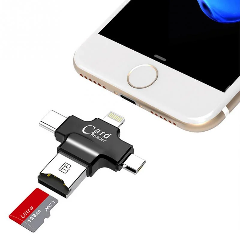 4 в 1 устройство для чтения телефонных карт с интерфейсом USB/Micro USB/type-C/lightning для Micro SD карты, соединяющейся со смартфоном-черный цвет