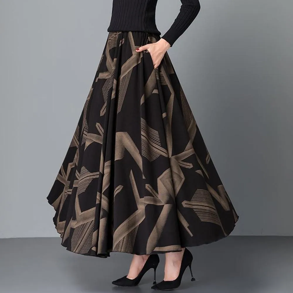 

Woman Vintage Print High Waist Pleated Skirt Women 2020 Autumn Winter Woolen Long SKirt Flared Poncho Midi Skirt Plus Size