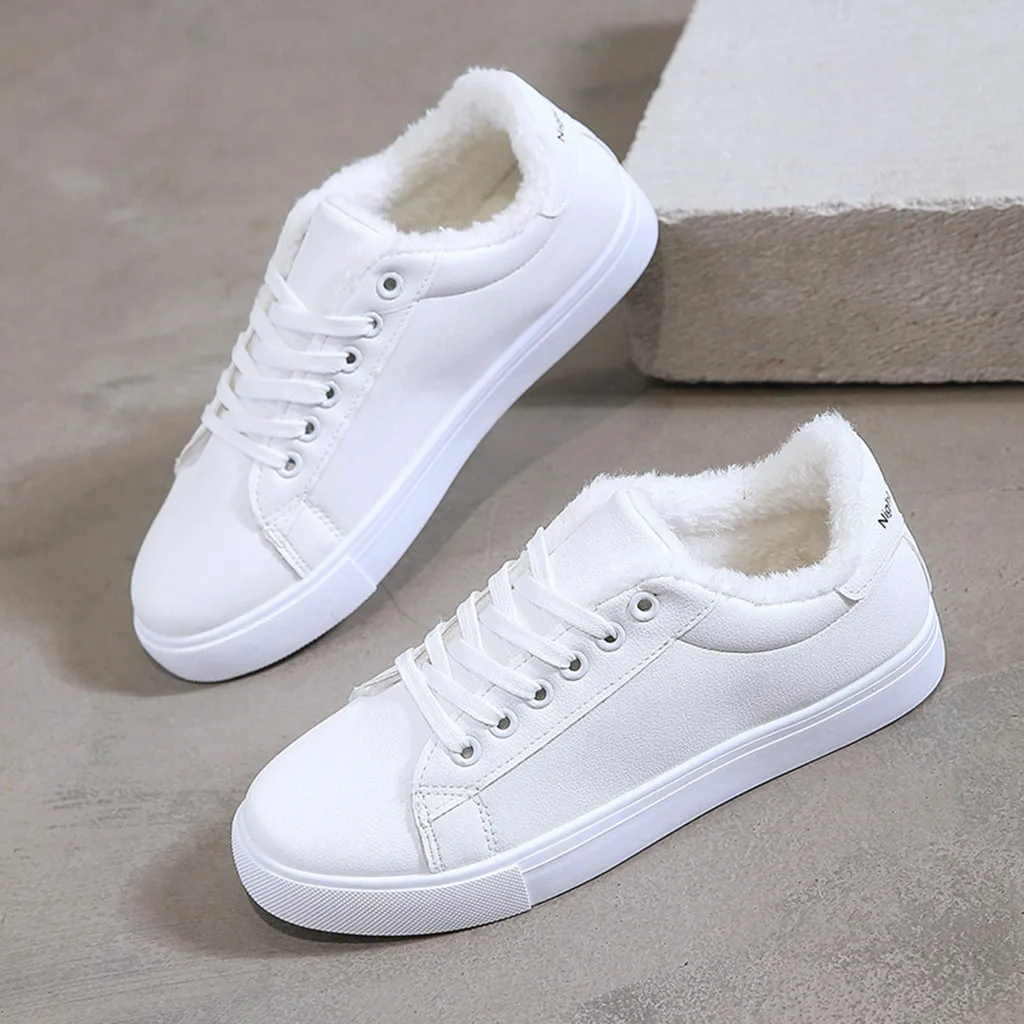 

Women Winter Fur Sneakers New Fashion Warm Plush Leather White Sneaker Grils Lace Up Flats Shoes Female Winter Warm Sports Shoes