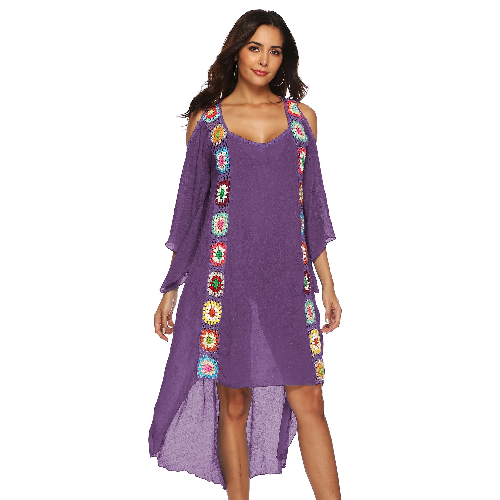 Hand Crochet Flower Stitching Sexy See-through Hook Stitching Strapless Irregular Beach Blouse Dress Beach Swimsuit Cover Up