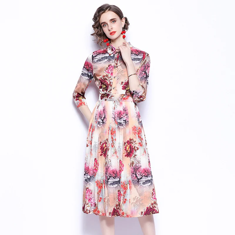 Floral Print Midi Dresses Women Spring New Fashion Slim Buttons Pleated Dress Casual Turn-Down Neck Ladies Shirt Dresses