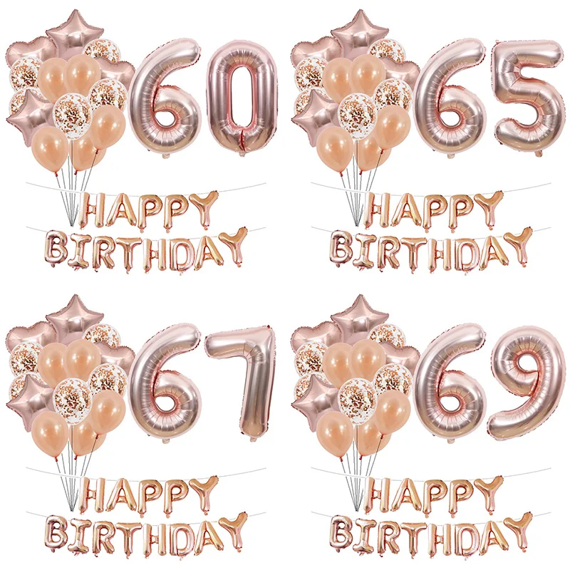 

Rose Gold Coffetti Custom Number Happy 60 61 62 63 64 65 66 67 68 69 Years Birthday Balloons Banners Party Decorations