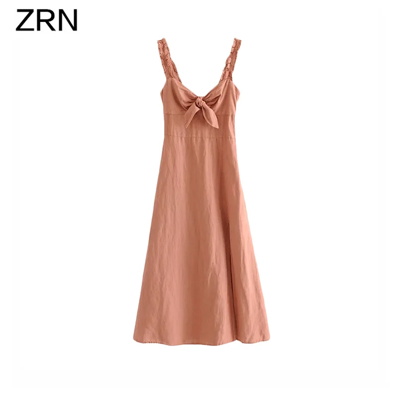 Женское облегающее платье миди ZRN однотонное с бантом без рукавов