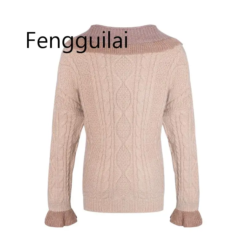 

FENGGUILAI Korean Cardigan Sweater For Women V Neck Flare Sleeve Loose Ruffles Hit Color Sweaters Coats Female Fashion New Autum