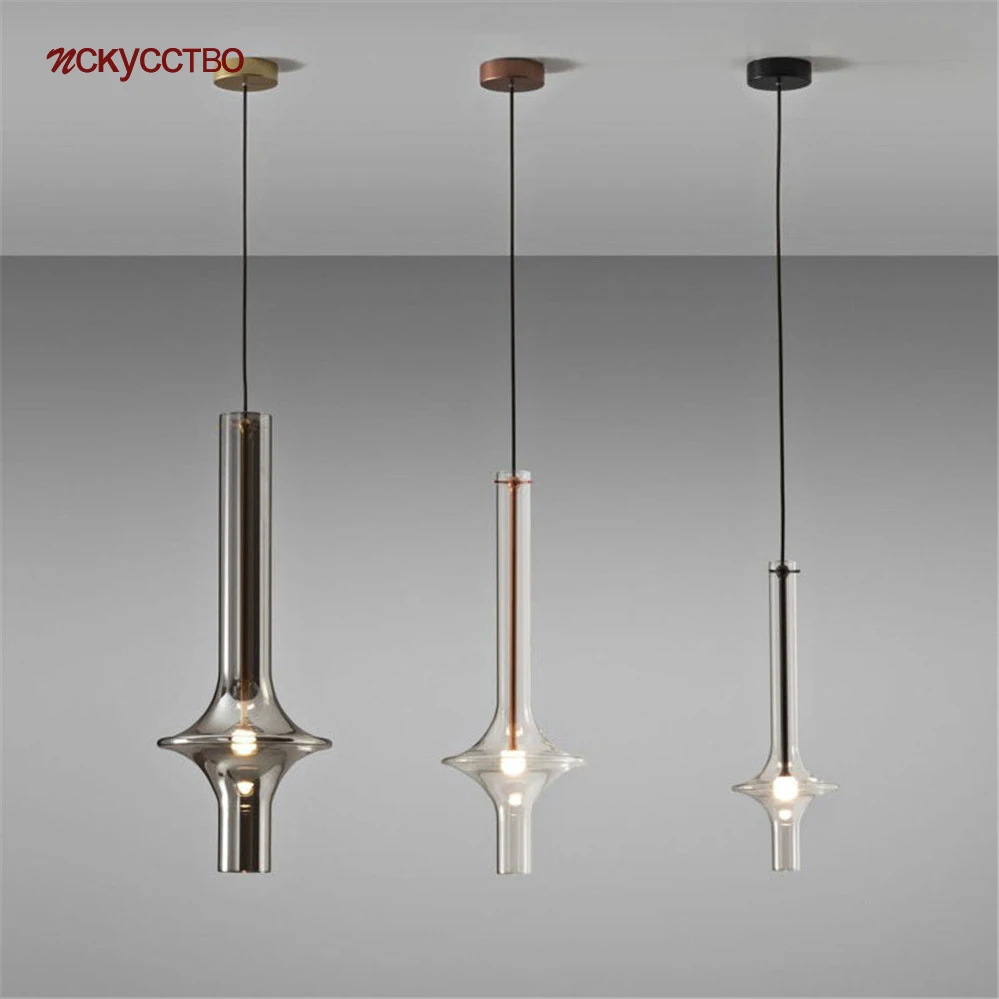 

Postmodern Designer Smoky Gray Glass Tube Pendant Lights For Bar Counter Cafe Dining Room Villa Hanging Lamp Indoor Led Fixture