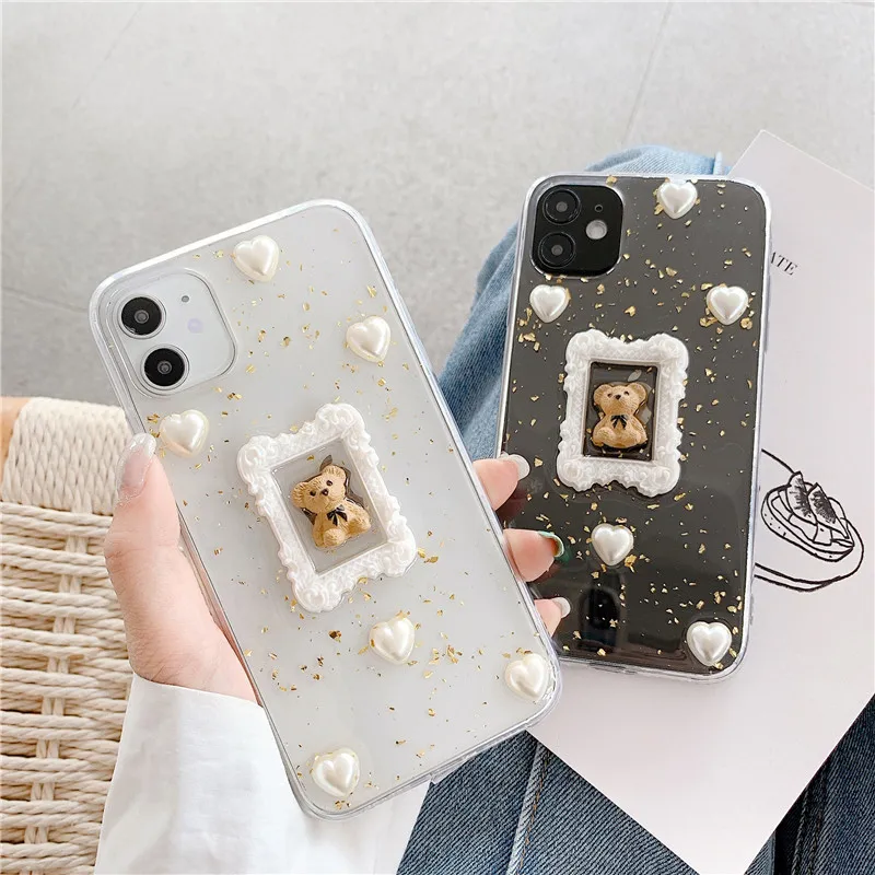 

Retro Sweet 3D bear Gold leaf Glitter Japanese Phone Case For iPhone 12 11 Pro Max Xr Xs Max 7 8 Plus 7Plus case Cute soft cover