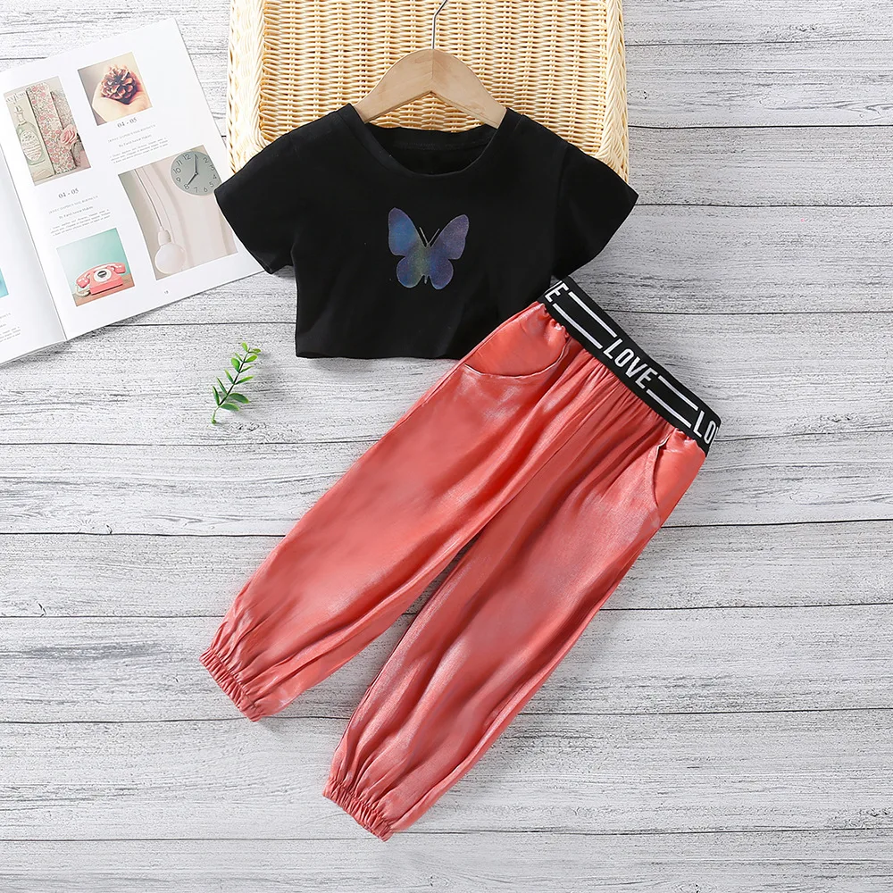 

Kids Clothing Summer New Girls Fashion Butterfly Short-sleeve T-shirt + Trousers Two-piece Casual Sports Children's Clothes Set