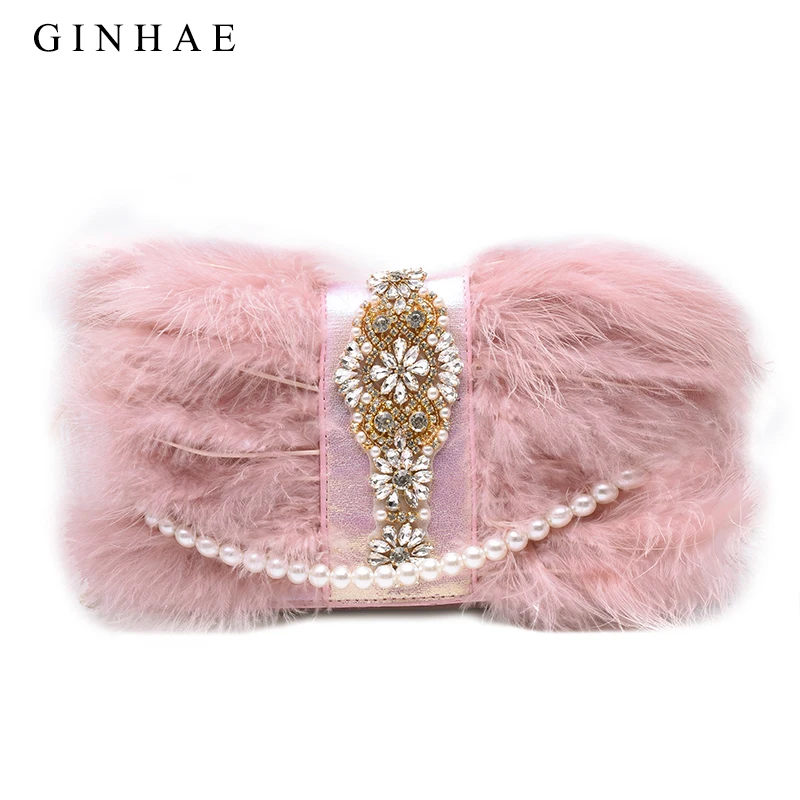 Женская кожаная сумка на плечо вечерняя сумка-клатч с цепочкой и перьями из