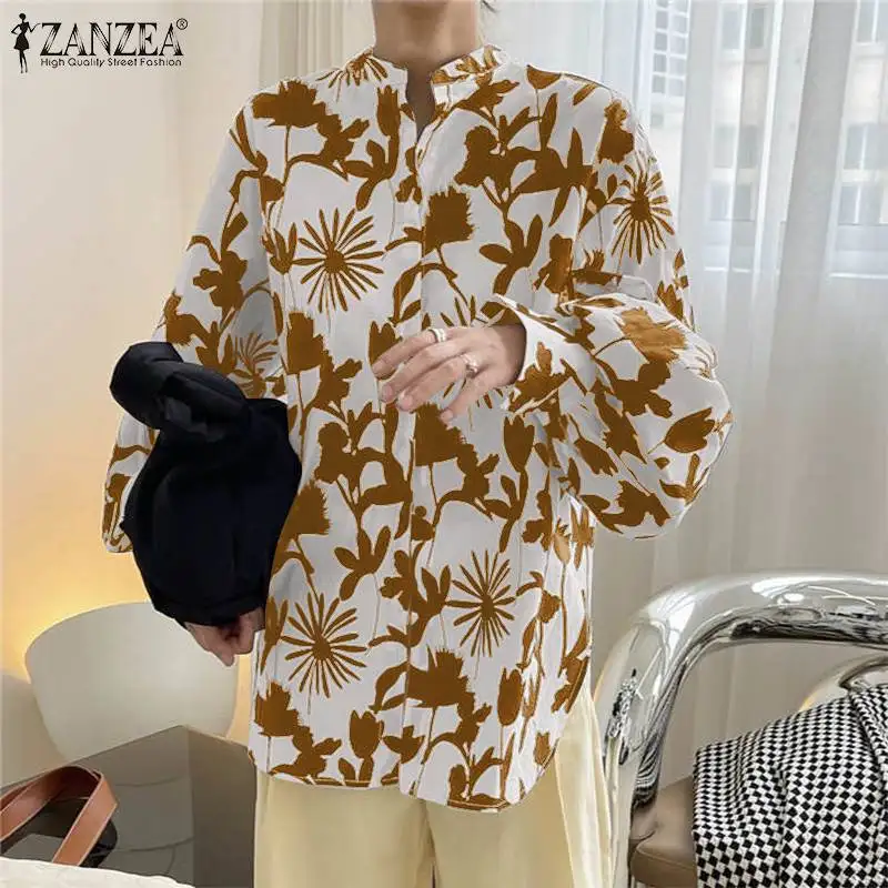 

Oversized Long Sleeve Blouse Women Loose V Neck Button Chemise ZANZEA Floral Printed Shirt Autumn Vocation Beach High Low Tops