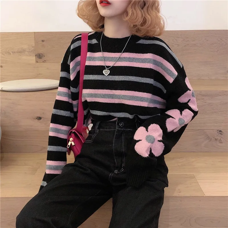 

GRUIICEEN Harajuku Sweater Women Flower Pattern Striped O-Neck Long Sleeve Pullovers Jumpers Korean Vintage Fashion Knitwe GY942