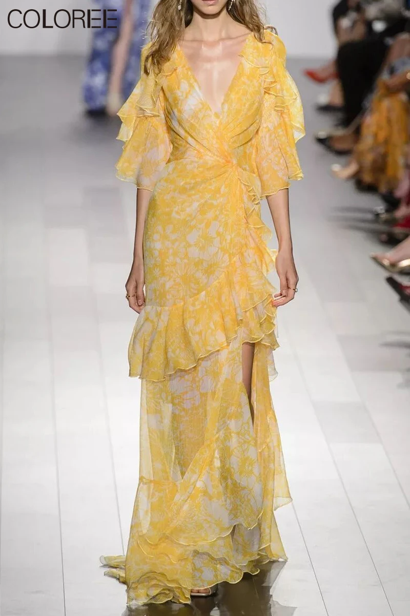 

Runway Dresses 2021 Women High Quality Elegant Floral Printed Ruffles Maxi Dress for Women Summer Boho Chiffon Clothing