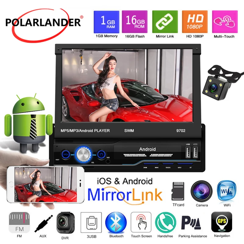 

Автомобильное радио MP5 1din AUX 2-USB 7-дюймовая телескопическая система iOS WiFi GPS 9702 Android Mirror Link Поддержка приложения AUX Bluetooth DVR