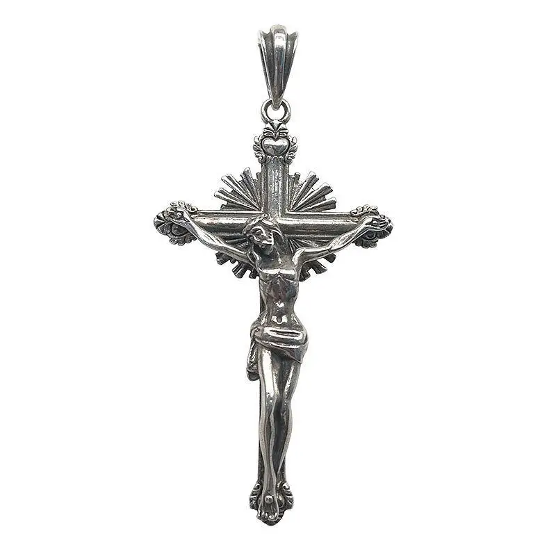 

S925 Sterling Silver Vintage Craft Pendant Catholic Christian Jesus Cross Silver Necklace Pendant