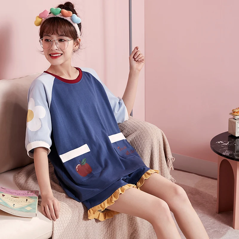 

Female Kawaii Short Sleeve Night Suits Cute Floral Printed Pajamas For Women Sets Spring Summer Nightwear Suit Cotton Sleepwear