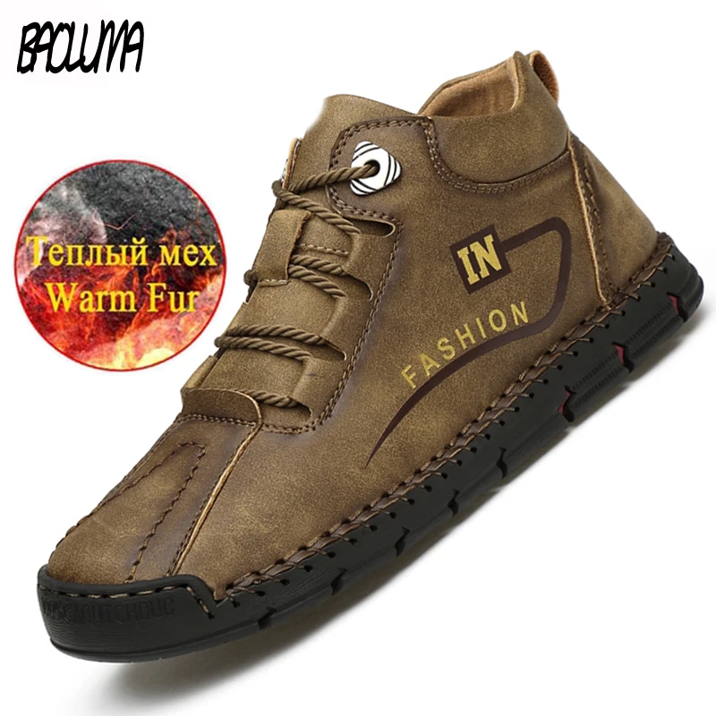 Мужские брендовые ботинки теплая плюшевая мужская обувь кожаные ручной работы