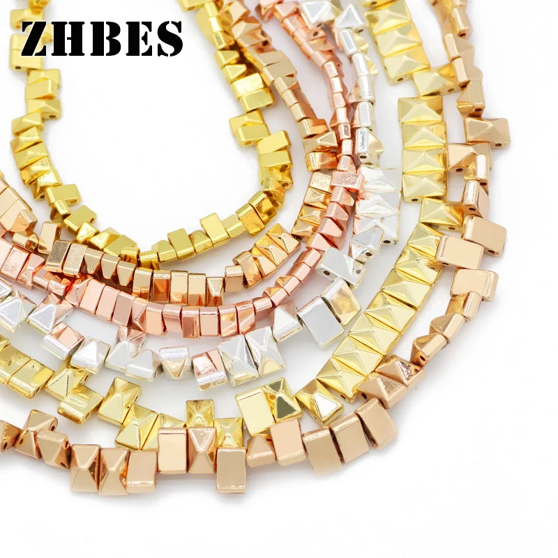 

ZHBES 6/8mm Natural Stone Square Pyramid Rectangle Gold Hematite Spacers Loose Beads For Jewelry Making Diy bracelets Findings