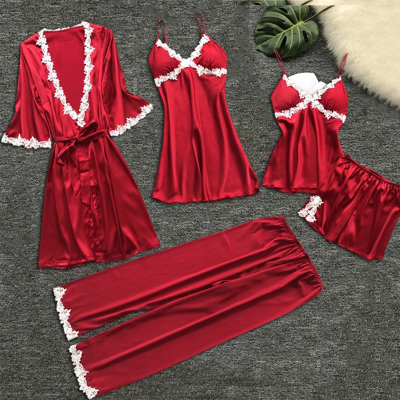 5 шт. женские сексуальные пижамы шелковые Осень Весна элегантное кружевное