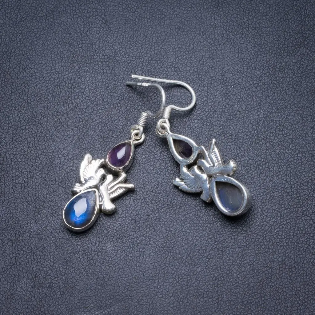 

Natural Labradorite and Amethyst Handmade Unique 925 Sterling Silver Earrings 1 3/4" Y2217