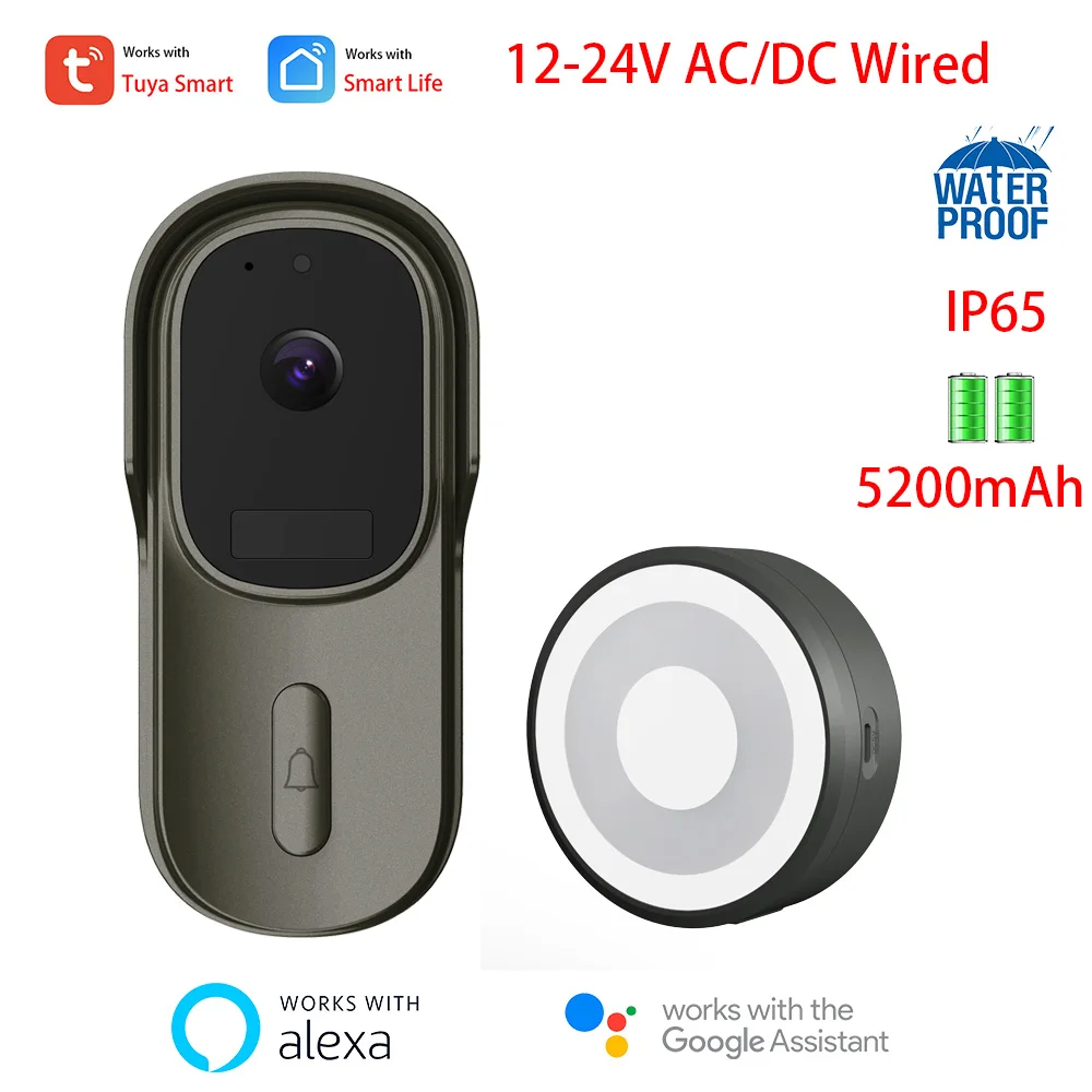 Tuya Smart Battery Video Doorbell Camera 1080P 170° 12-24V AC/DC Wired Door Bell Camera Two-Way Audio Works With Alexa Google