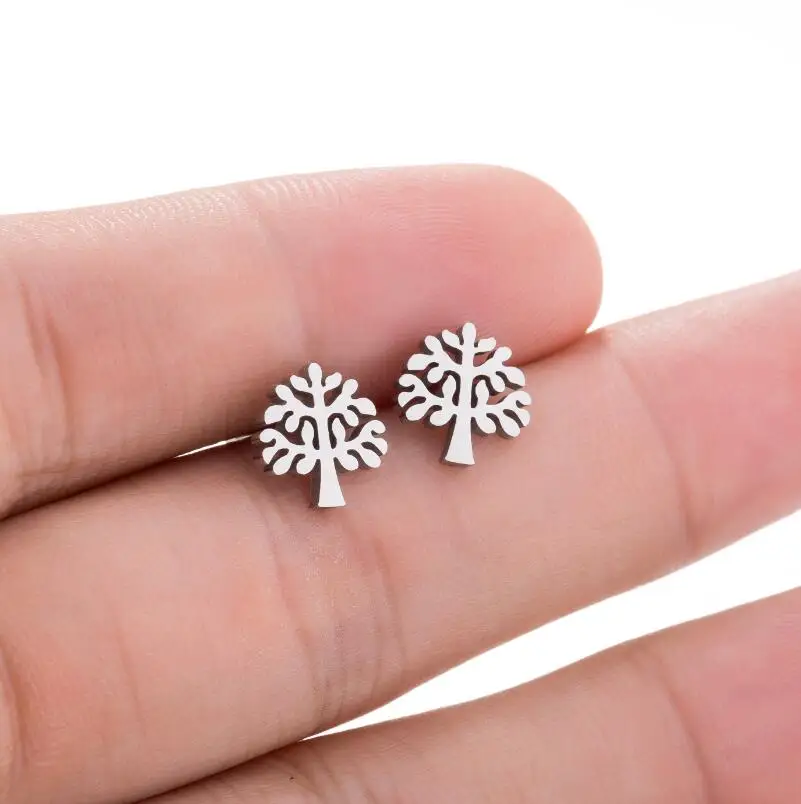 Stainless Steel Tree Of Life Stud Earrings Minimalist Simple Plant Earing for Women Ladies Daily Party Jewelry Drop Shipping | Украшения и