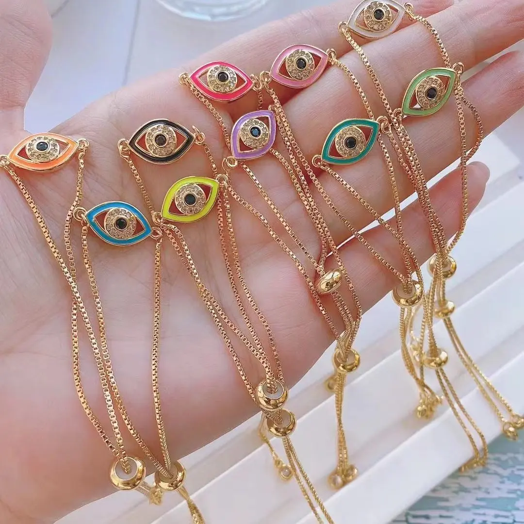 

6Pcs Colorful rainbow color eye shape enameled with zircon connector charms bracelet Lucky Adjustable Jewelry