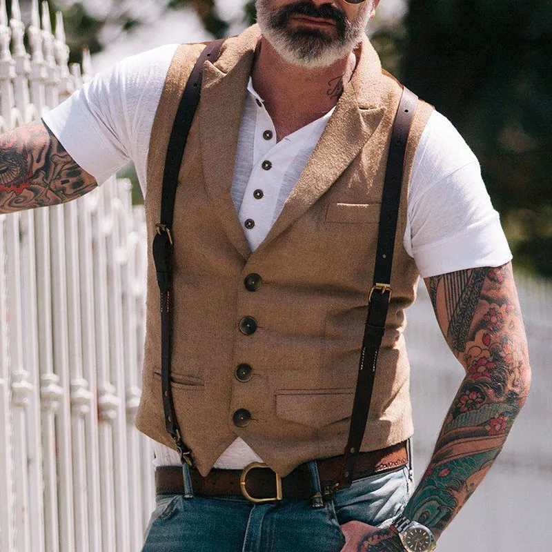 

Men's Suit Vest Brown Wedding Wool Tweed Business Waistcoat Jacket Casual Slim Fit Gilet Homme Vests For Groosmen Man Wedding