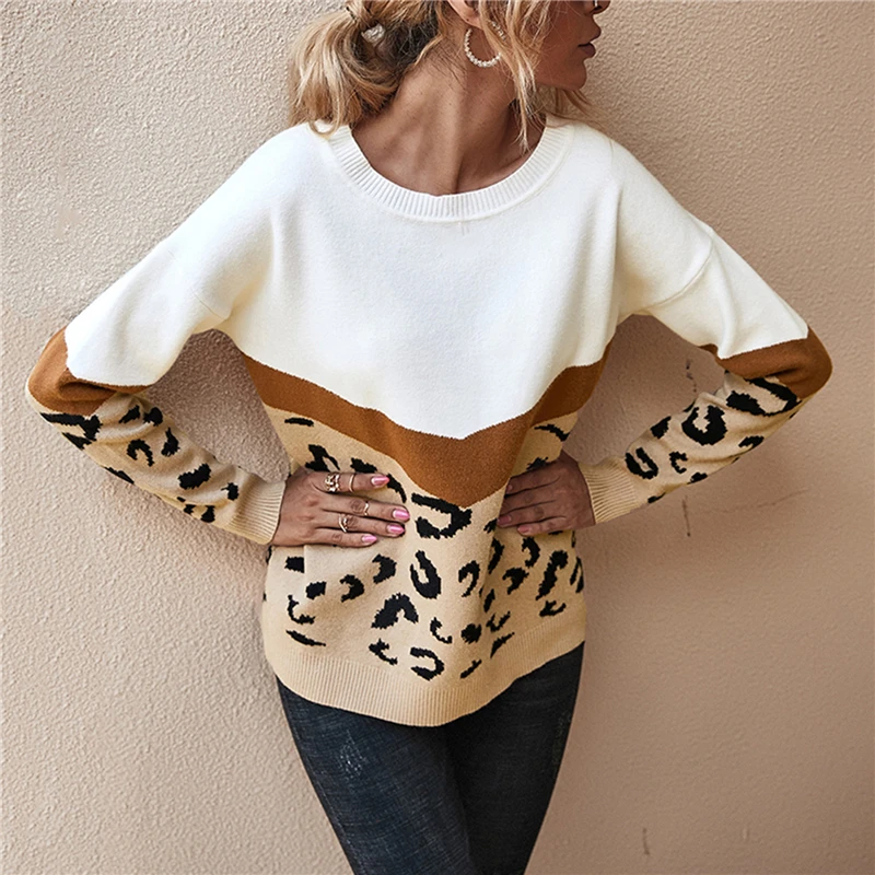 

Leopard Patchwork Autumn Winter 2021 Ladies Knitted Sweater Fashion Women O-neck Full Sleeve Jumper Pullovers Top