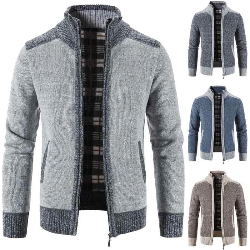 

Patchwork Sweater Men's Autumn Winter Warm Coat with Fleece Zipper Cardigan Male Fashion Handsome Knitted Cold Coat