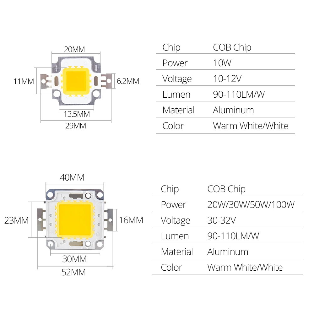 Светодиодный Cob 10 Вт 20 30 50 100 COB светодиодный чип DC 9 12V 36V интегрированный матрица