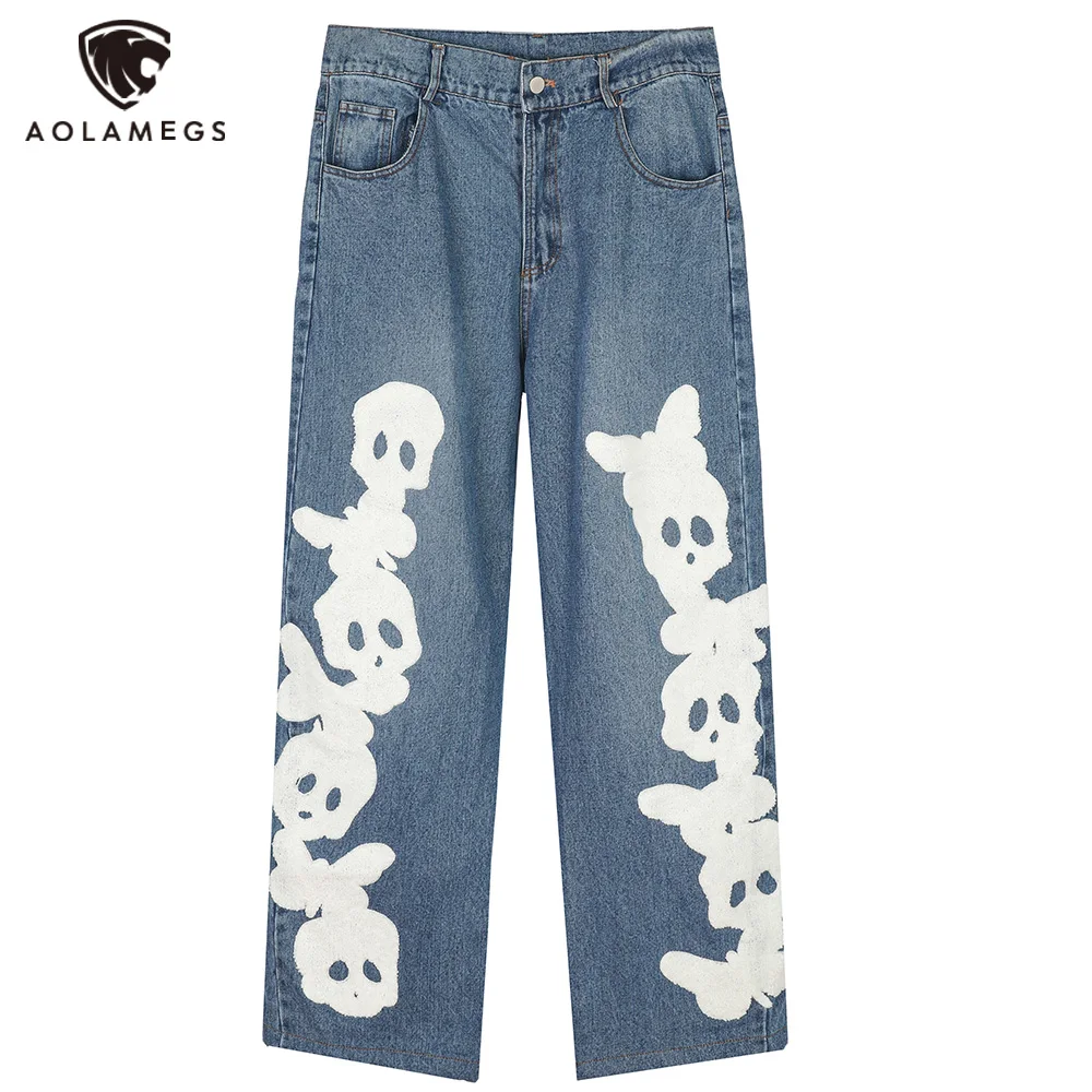 

Aolamegs Jeans Men Furry Skeleton Patch Denim Pant Casual High Street Retro Hipster Trouser Oversized Harajuku Couple Streetwear