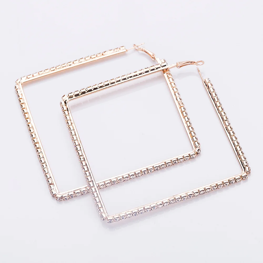 

MOFLO Luxury 115mm Full Rhinestone Square Exaggerated Stud Earrings Trendy Gold Plated Zircon Geometric Square Big Hoop Earrings