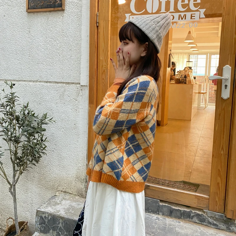 

Winter Autumn Sweater Coat New Knit Women Cardigan Loose Streetwear 2020 Lattice Women Korean Fashion Jacket