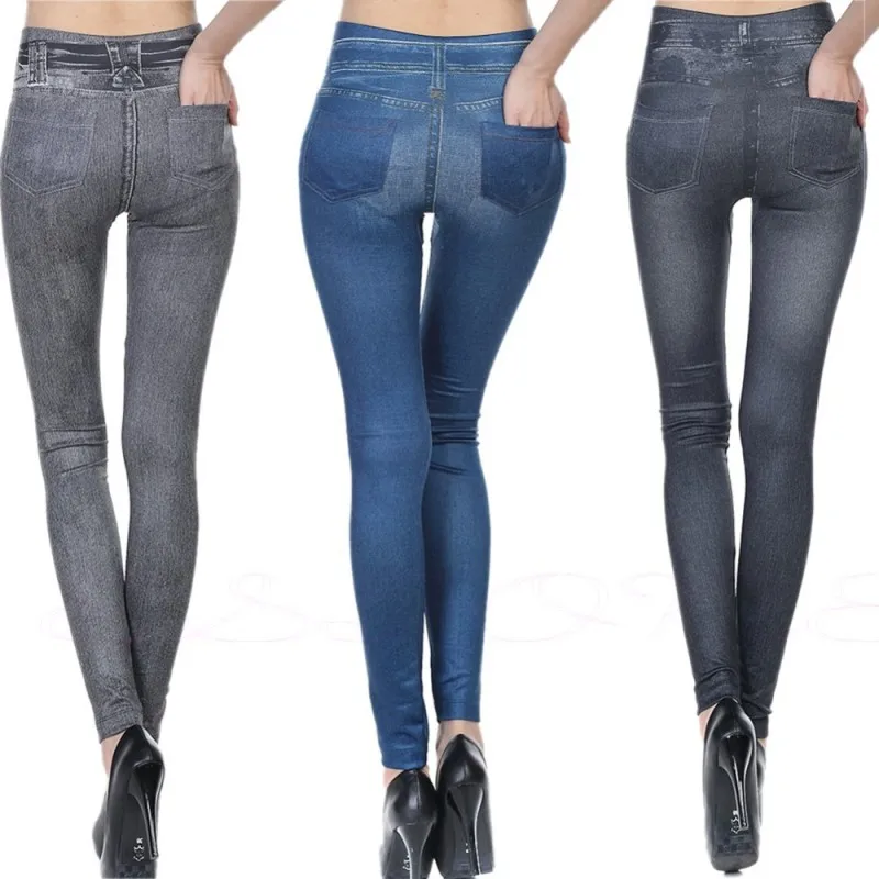 

Imitation Denim Women Jegging Jeans Trouser Slim Fashion Leggings 2Real Pockets Fitness Butt Lift Tights High Waist Pencil Pants