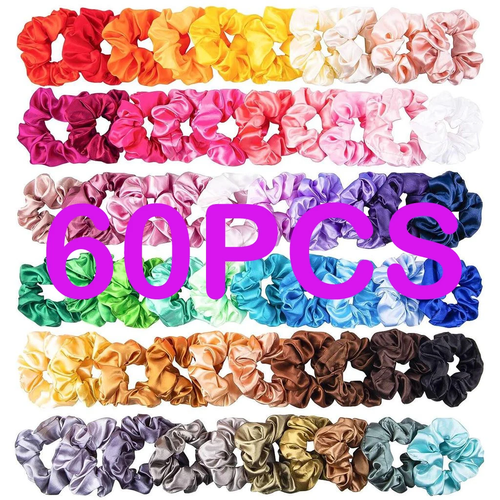 

60pcs Fashion Scrunchie Solid Silk Satin Hair Band Suitable For Women Or Girls Ponytail High Quality Chouchou Cheveux Femme