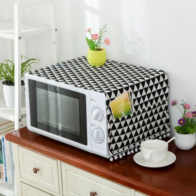 

2022Microwave Cover Black Geometric Cotton Linen Microwave Oven Dust Cover Cloth Cover Towel Kitchen Accessories
