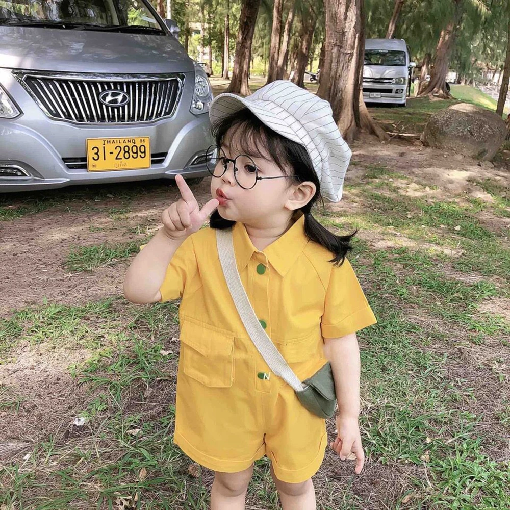 

Baby Korean Children's 2021 Summer New Hot-Selling Boys And Girls Solid Color Short-Sleeved Single-Breasted Lapel Jumpsuit