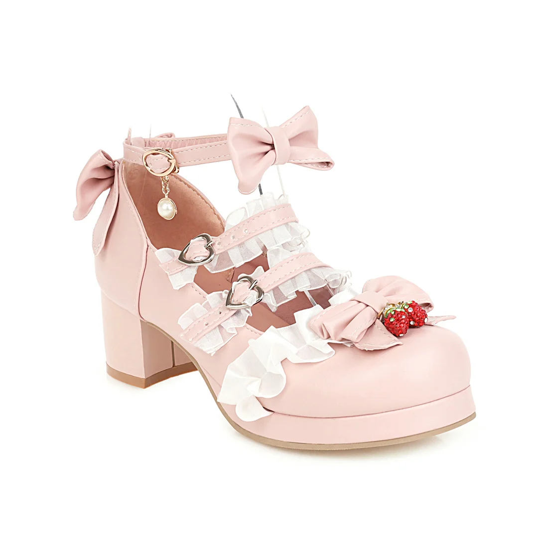 

Chunky Platform Girls Lolita Shoes Mid Heel Round Toe Bows Students Princess Sexy Nightclub Cosplay Party Korean British Style