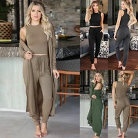 women three pieces set long sleeve cardigans crop top pants autumn spring suit solid color knitted casual wea