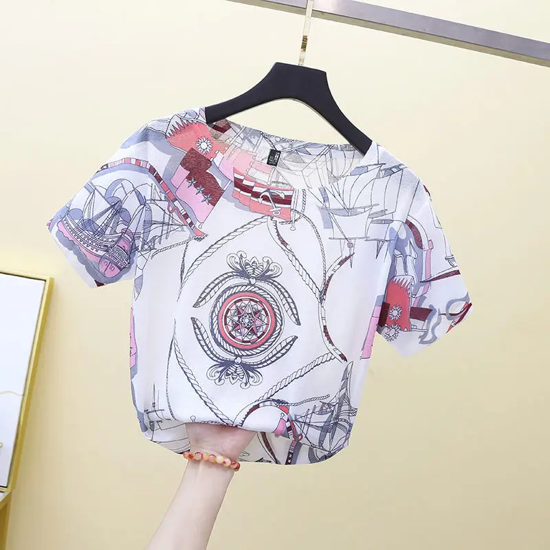 

2021 Spring and Summer Ice Silk Short Sleeve T-shirt Women's Slim Fit Thin and Breathable Printed Bottoming Shirt Casual Top 5XL