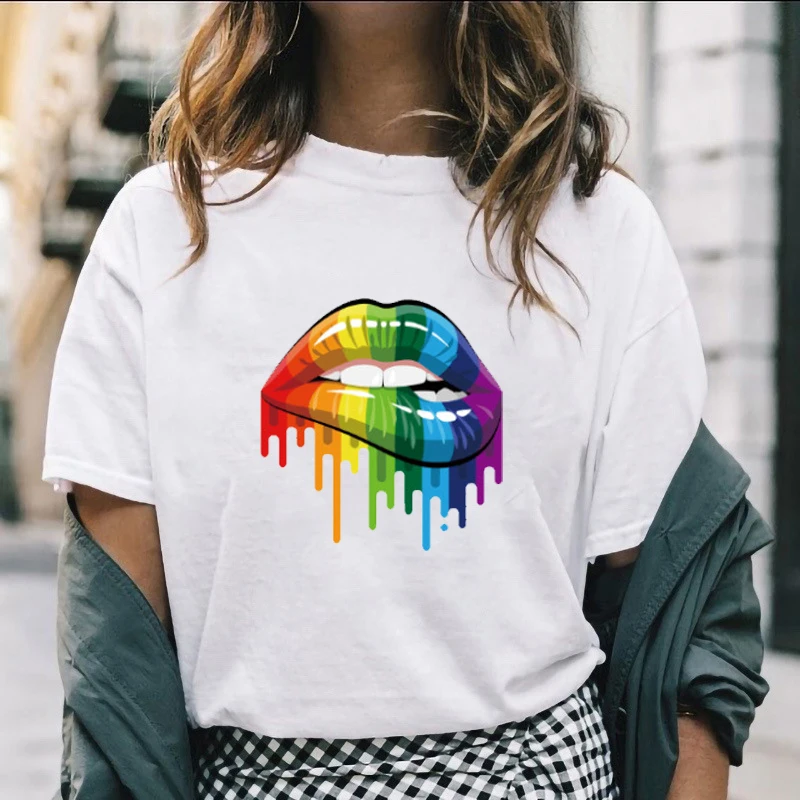 

Girls Summer Fashion Vintage Casual Tops Fashion Rainbow Lips Print 100% Cotton T-Shirt Women's Hot Sale Short Sleeve Clothing
