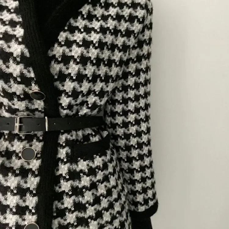 

Women Plaid Houndstooth Waistband Woolen Jacket