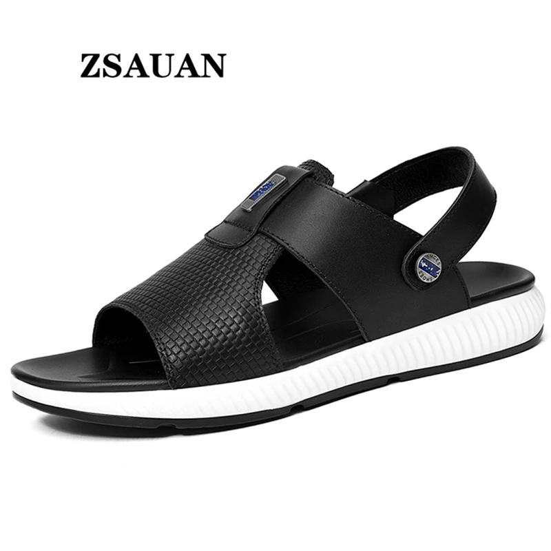 

ZSAUAN Over Big Size 38-49 Casual Men Sandals Barefoot Roman White Black Genuine Leather Summer Men Slippers Beach Holiday