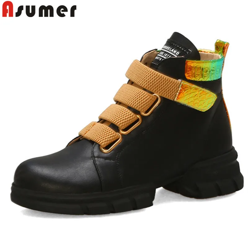 Женские ботильоны с круглым носком ASUMER черные классические ботинки на плоской